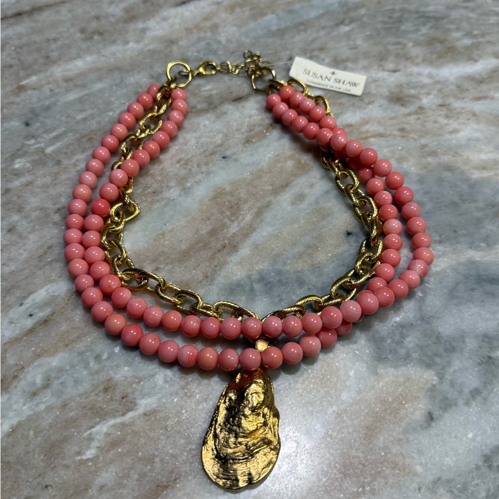 NWT SUSAN SHAW Pink and Gold Beaded Oyster Necklace